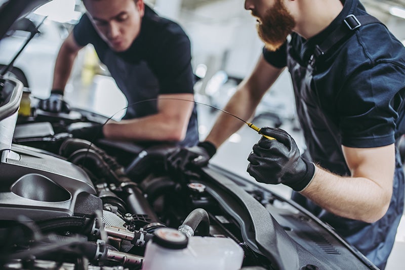 two men checking car oil